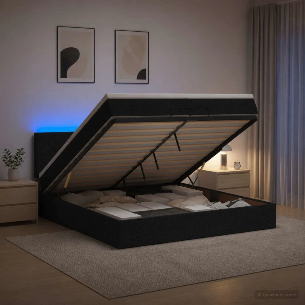 Letto Ottomano con Materasso e LED Nero 200 x 200 cm Tessuto 3457018