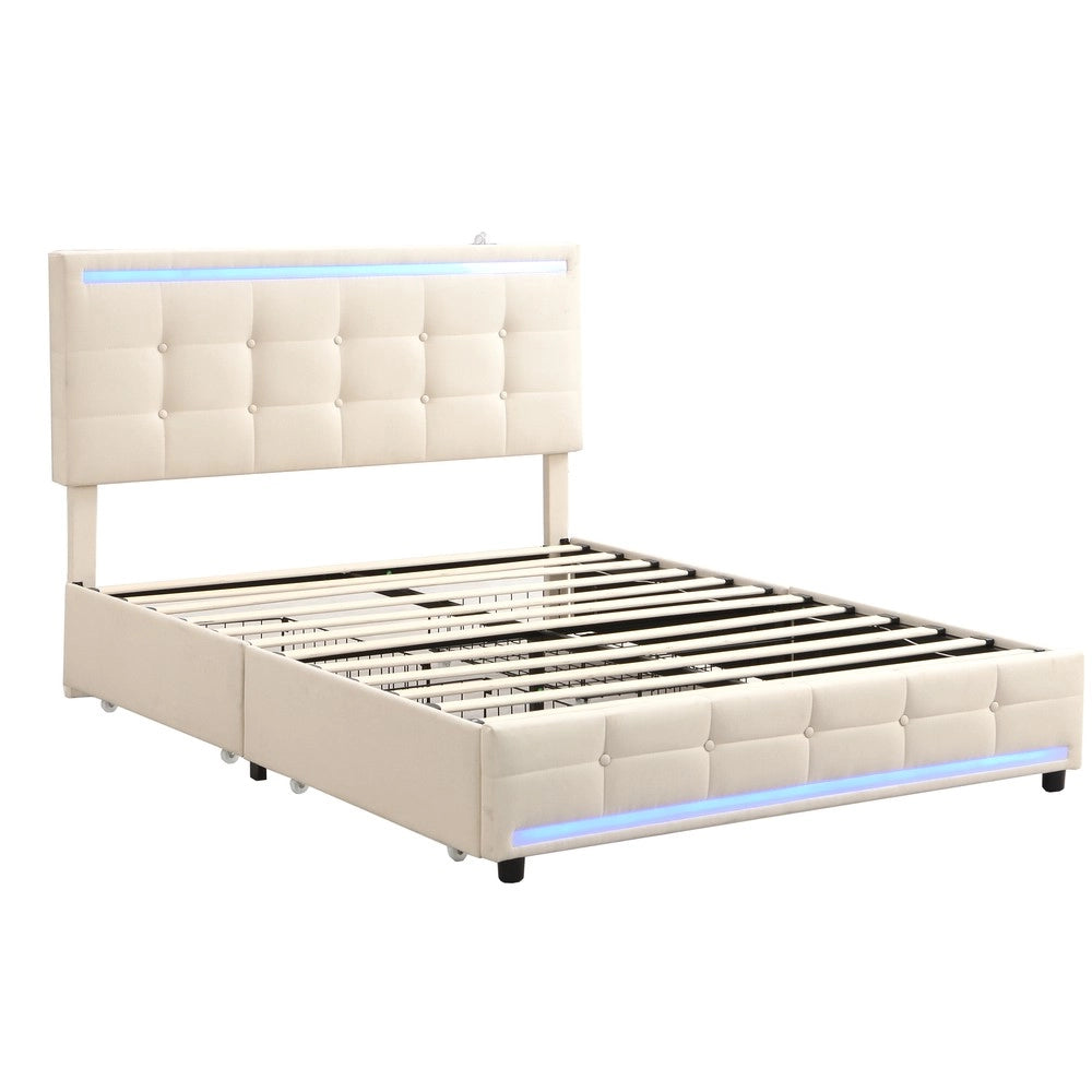 Letto Imbottito Contenitore 140x200 con LED ¨C MINIMAL ¨C Tessuto Beige, 4 Cassetti, 2 USB
