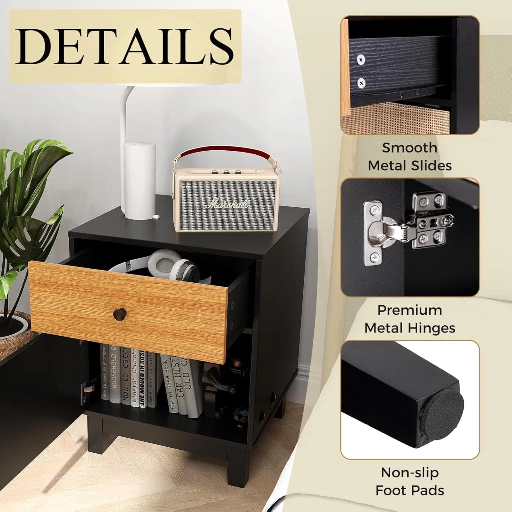 Comodino Camera da Letto con Cassetto e Anta in Rattan, Comodino Piccolo in Legno, Gamba di Pino, Dispositivo Antiribaltamento, Tavolino Vintage per Soggiorno, Studio, 40x39x55cm (Nero)
