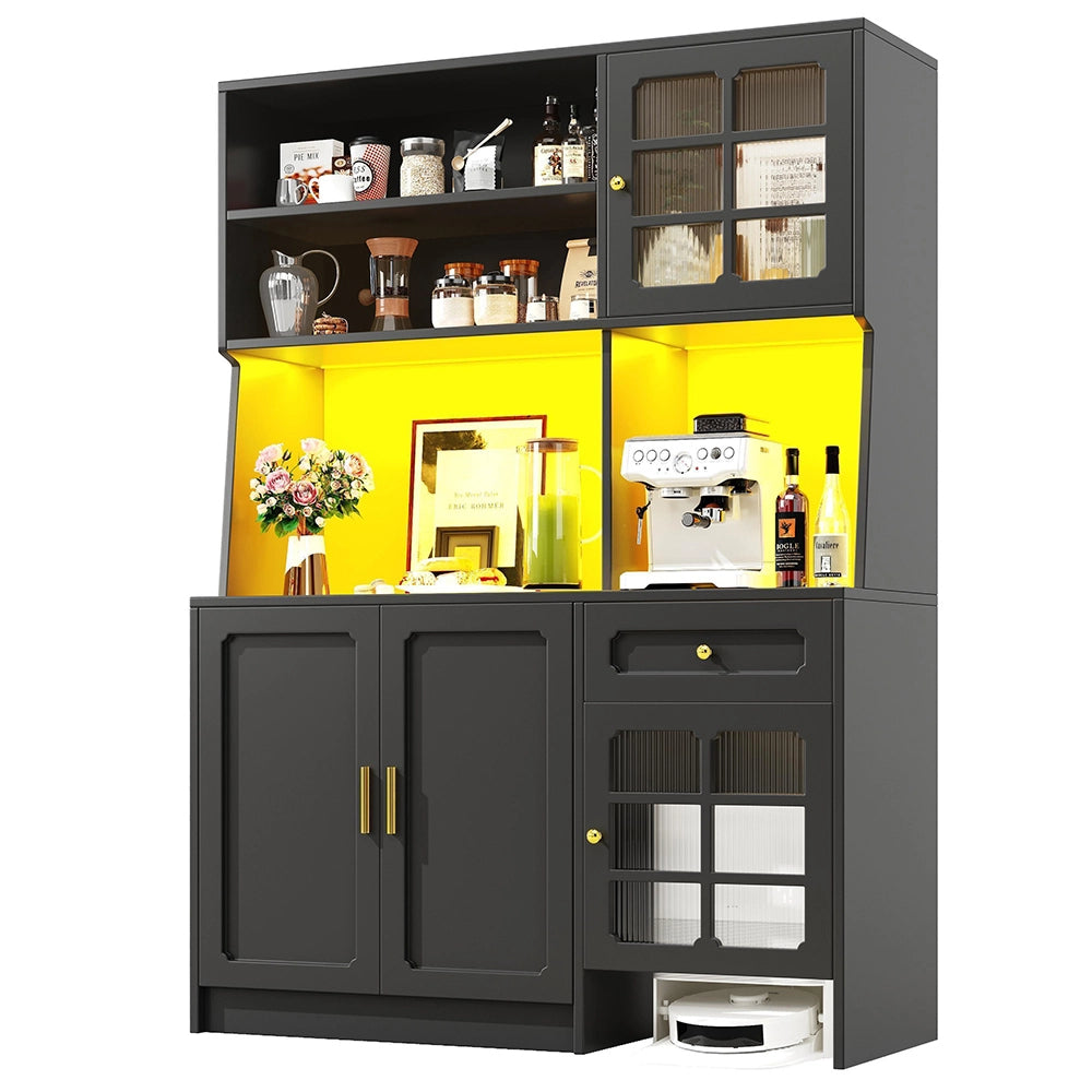 Credenza Cucina Alta 130x45x180cm - Xylo - con Ante Vetrate e Luci LED, Nero