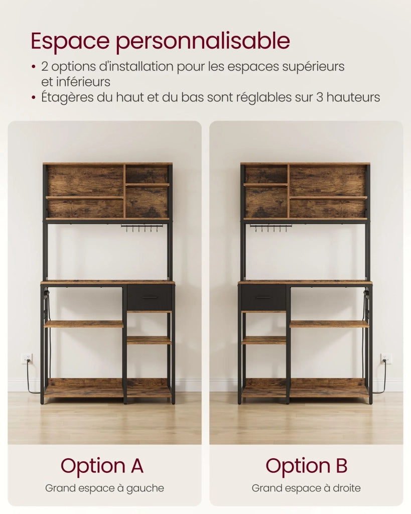 Mensola da cucina con multipresa bar con ripiani regolabili cassetto in tessuto 12 ganci 40 x 100 x 180,4 cm supporto per microonde marrone 12_0005654