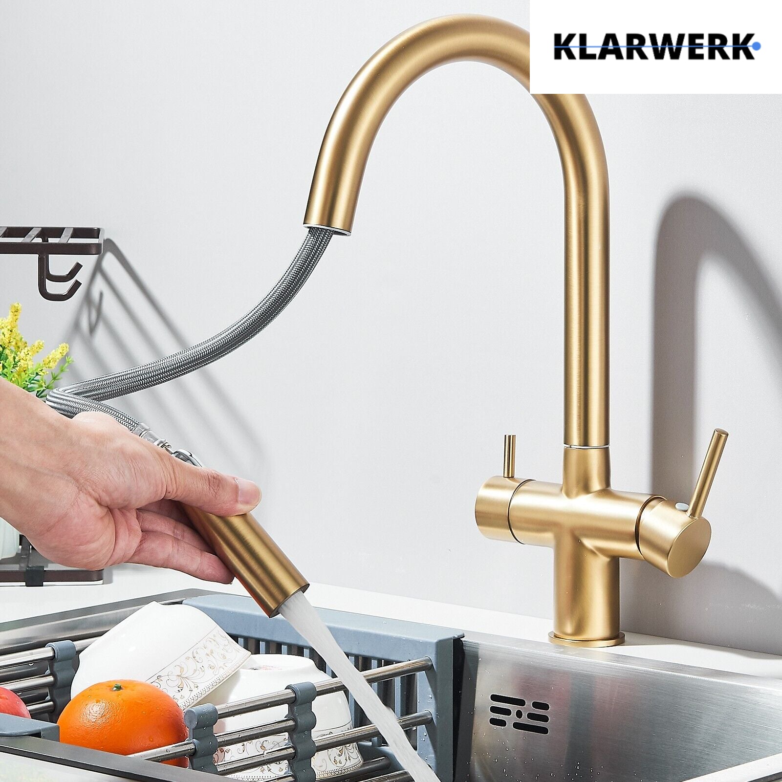 Jana | Rubinetto estensibile a 3 vie premium oro opaco | Rubinetto osmosi da cucina in acciaio inox |. Filtro 3 connessioni ad arco alto