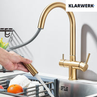 Jana | Rubinetto estensibile a 3 vie premium oro opaco | Rubinetto osmosi da cucina in acciaio inox |. Filtro 3 connessioni ad arco alto