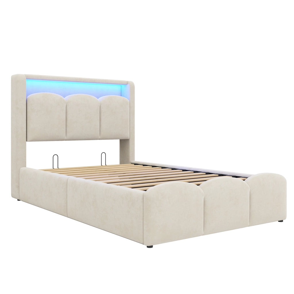 Letto singolo imbottito 90x200 in velluto beige con contenitore idraulico; LED e prese USB