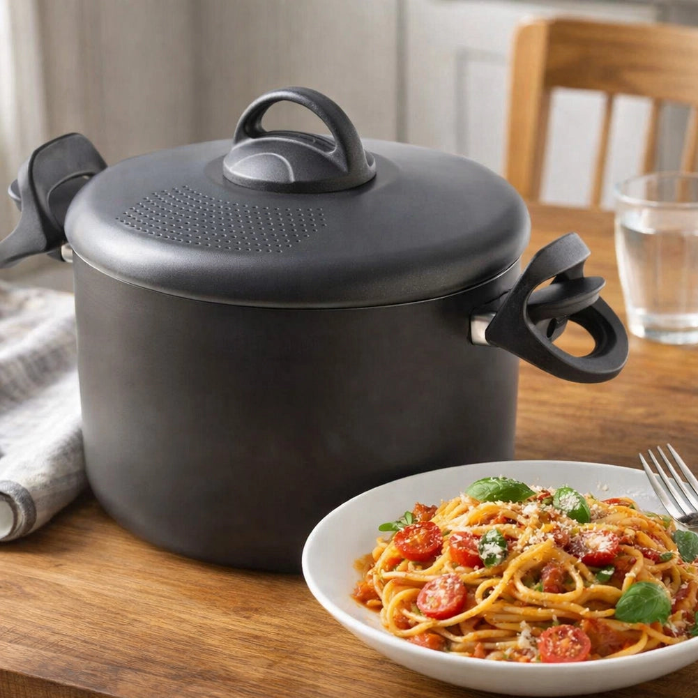 Pentola 22cm Coperchio Scolapasta Autobloccante Scolì con Maniglie Autobloccanti