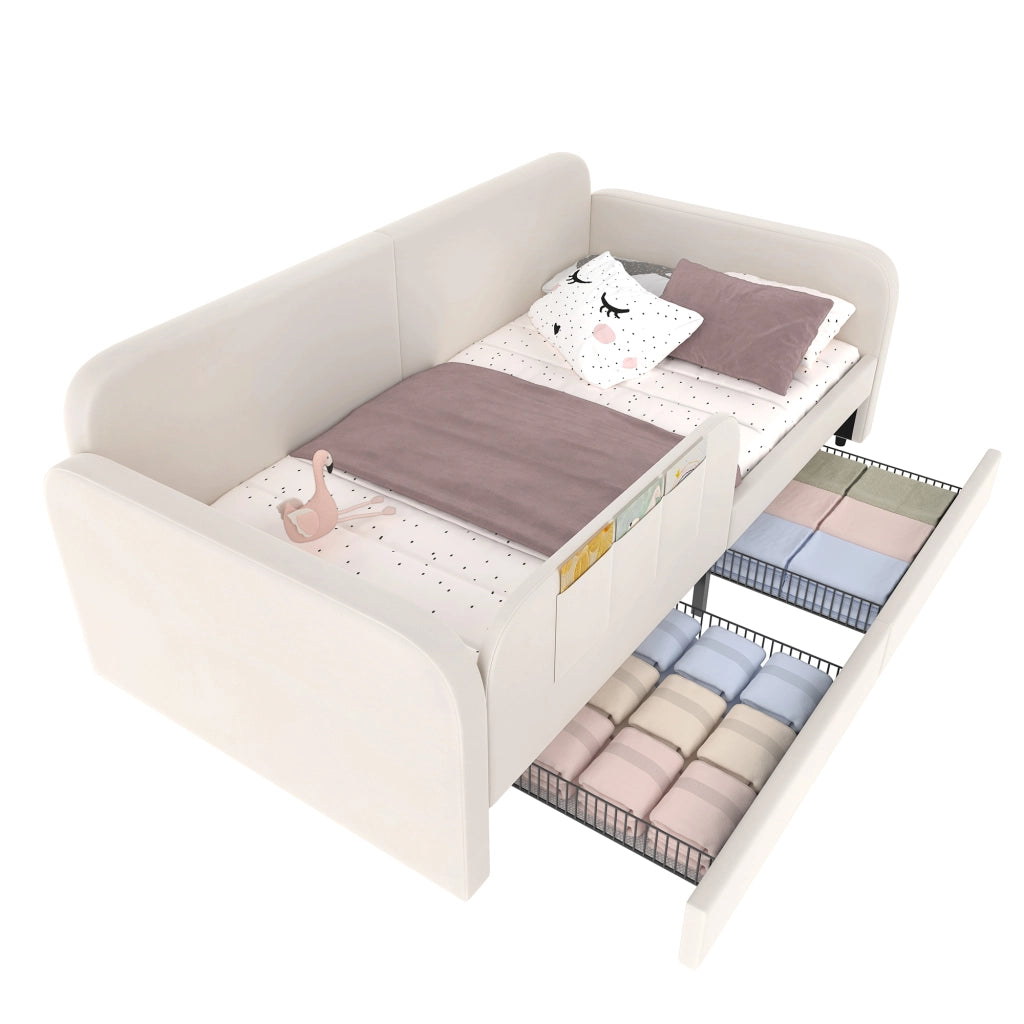 Letto a Divanetto 90x200 cm; Letto Singolo - 2 Cassetti e 3 Tasche - Velluto Bianco