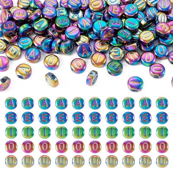 Accessori per gioielli - 100 pezzi - Perle di vetro 10mm - Perle con lettere - Perle trasparenti piatte rotonde - Creazione di gioielli - 5 stili - Perle di vetro