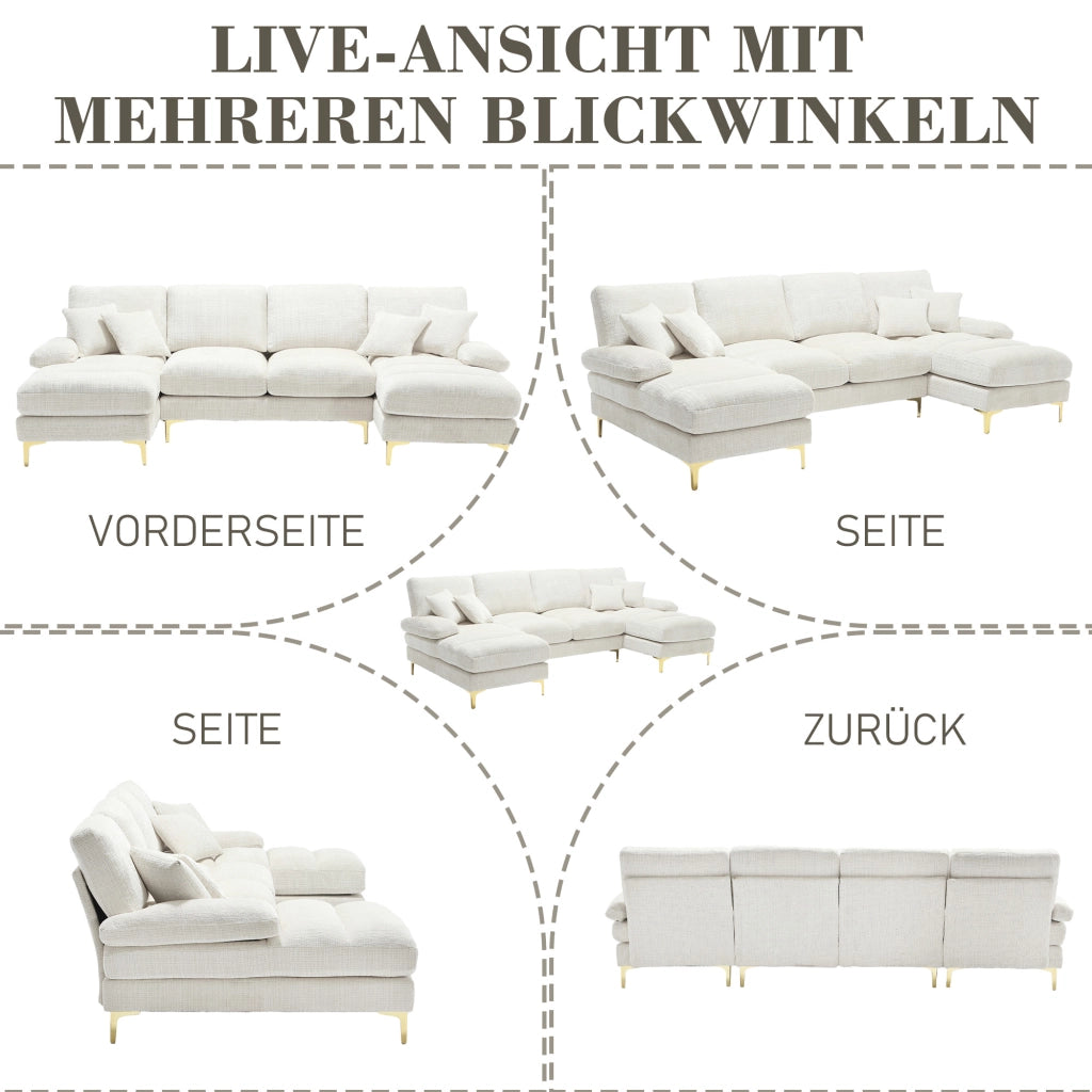 OKWISH Divano Panoramico a U, Doppia Chaise Longue con Cuscini Schienale e Piedi in Metallo, Ciniglia Beige 272 × 136 × 88 cm
