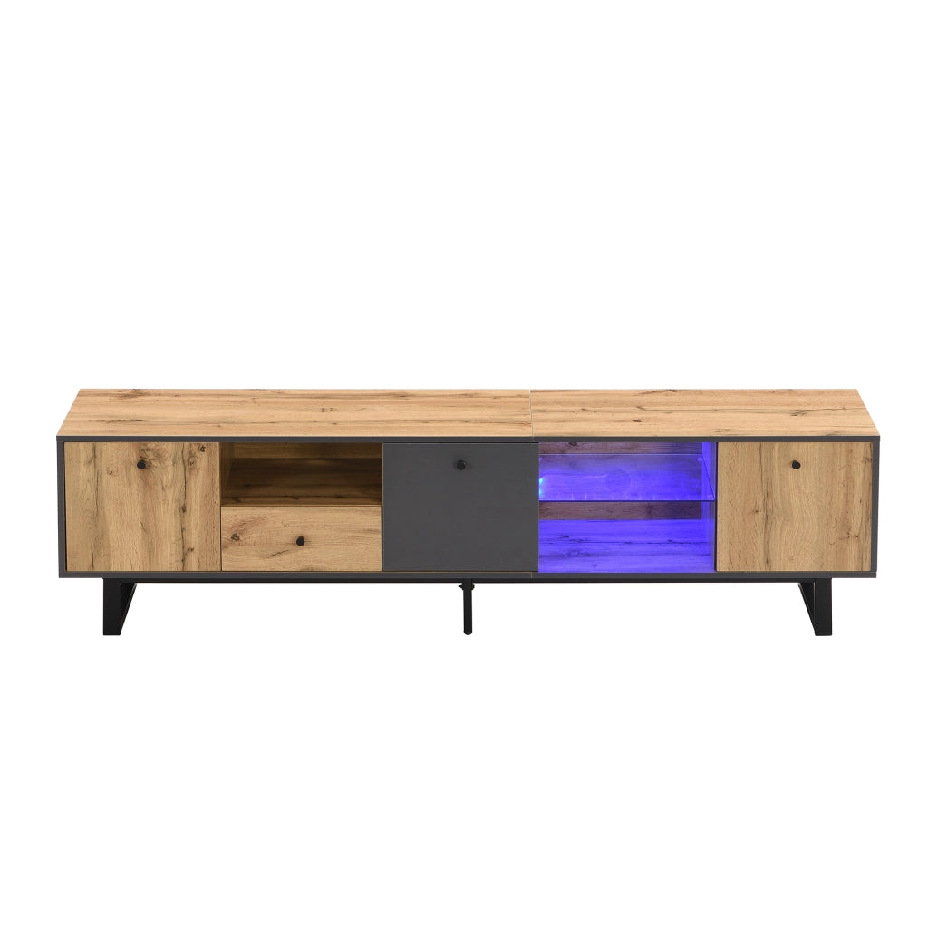 Lowboard TV con effetto LED, divisorio in vetro e cerniere ammortizzate, design coordinato