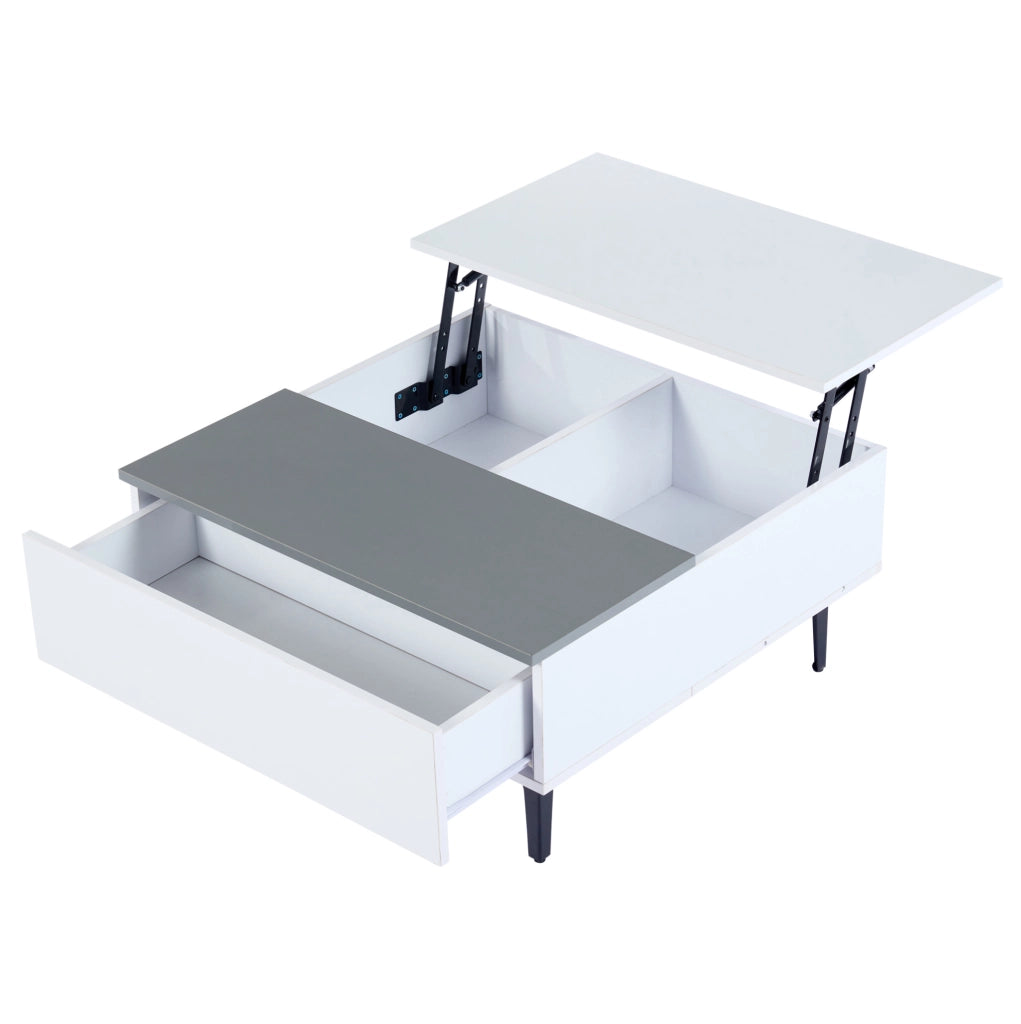 Tavolino 70x70x35 cm bianco e grigio, piano sollevabile con contenitore e LED, MDF,