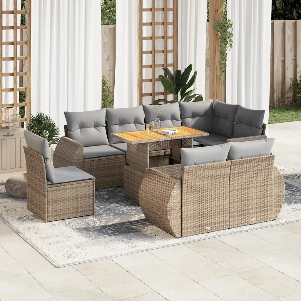 Set Divano da Giardino 9 pz con Cuscini Beige in Polyrattan
