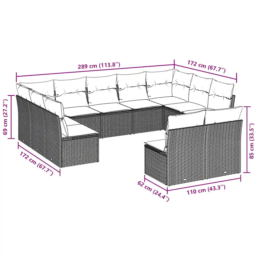 Set Divani da Giardino 11 pz con Cuscini in Polyrattan Grigio