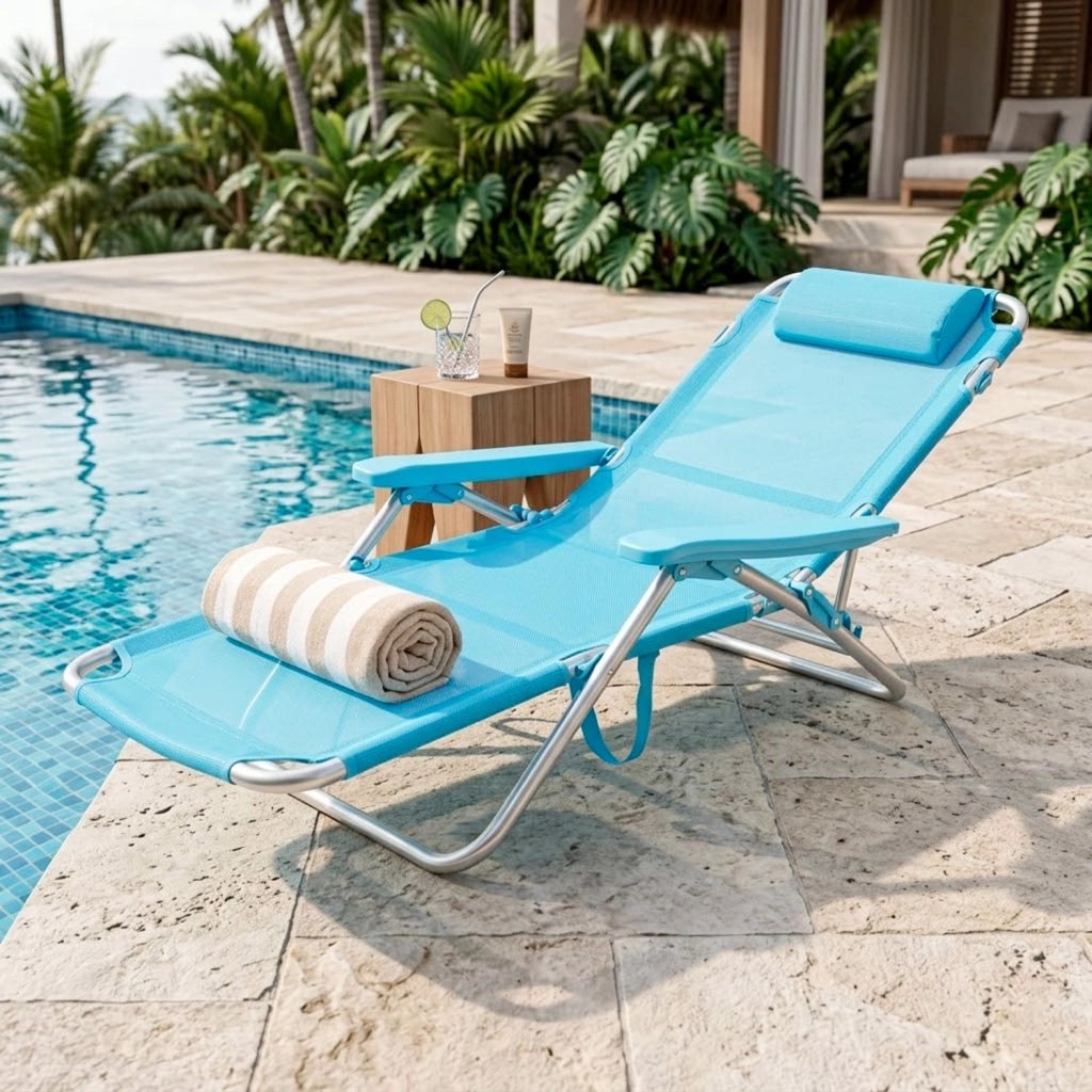 Spiaggina Relax Pieghevole Da Mare Con Telaio In Alluminio Seduta In Textilene Traspirante Poggiatesta Integrato E Braccioli Ergonomici Per Campeggio Outdoor 53 x 62 x 77 Cm Azzurro