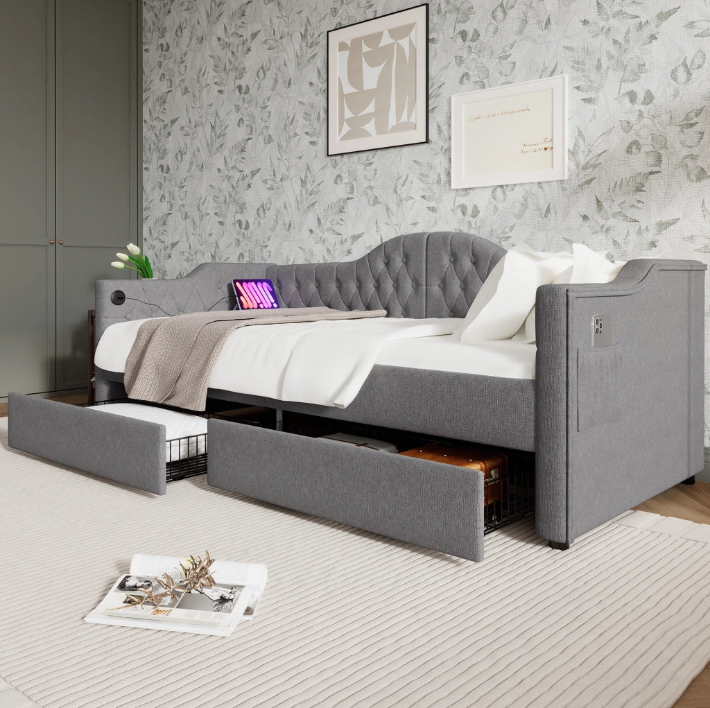 Letto da giorno 90x200 cm con USB C; USB e 2 cassetti; tessuto grigio