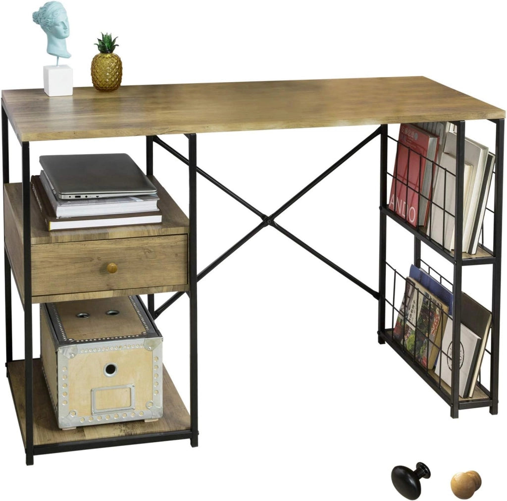 Scrivania per computer con 1 cassetto e 4 ripiani, utilizzata per l'ufficio e la camera da letto con struttura in ferro 118 x 48 x 75 cm FWT61-N