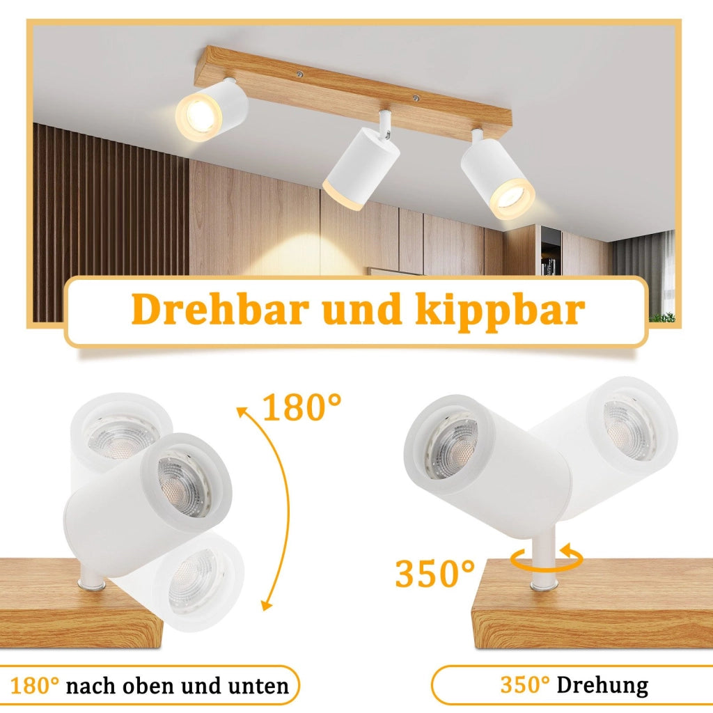 ZMH Faretto da soffitto 3 luci GU10 legno acrilico girevoli 350° per soggiorno