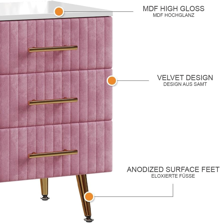 Comodino Velia, rosa, 41 x 62 cm con 3 cassetti