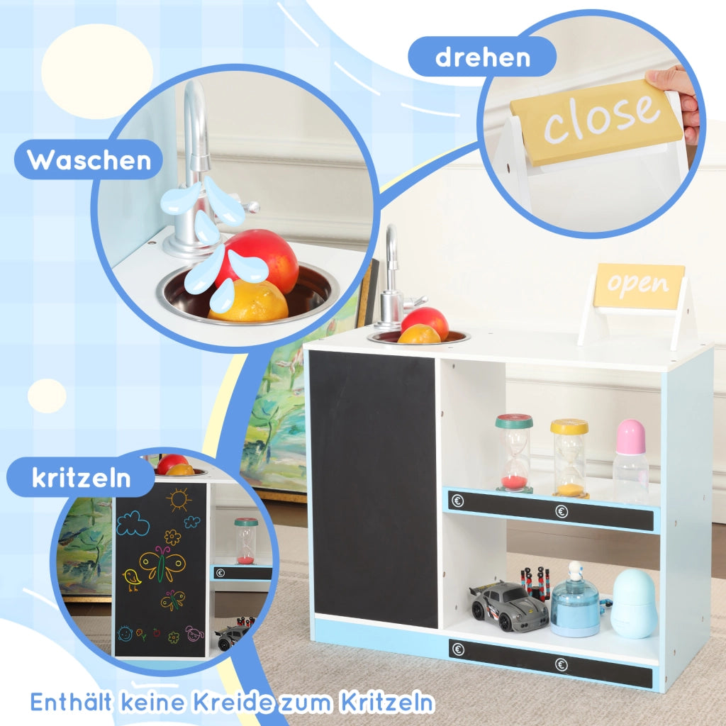 Cucina giocattolo per bambini con scaffali frigorifero lavagna cancellabile banco laterale e rubinetto in MDF blu
