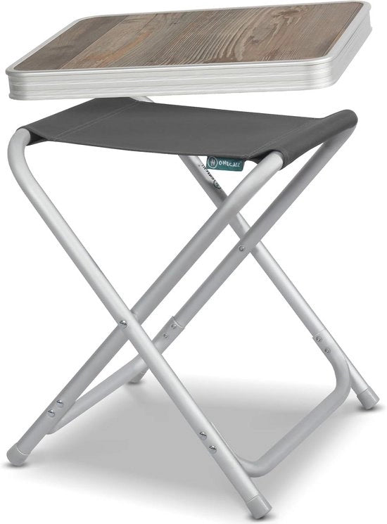 Campingkruk Opvougbile con Tavolo in MDF - Leggero in Alluminio, Resistente al Usura 600D Poliestere