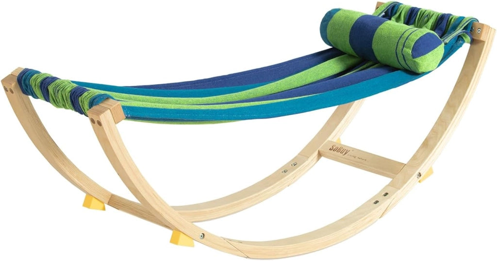 Amaca da Giardino Sdraio a Dondolo per Bambini Poltroncina per Bambini Lettino Prendisole in Legno con Dispositivi di Sicurezza per Cameretta o Giardino 122x36x48cm KMB16-J