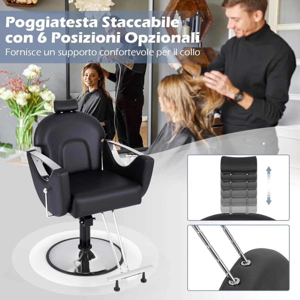 Poltrona da Barbiere Girevole, Sedia da Salone Reclinabile con Altezza Regolabile, Girevole a 360° con Pompa Idraulica, Poggiatesta, Portata 150 kg (Nero)