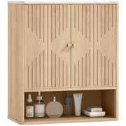 Armadietto Bagno a Parete con Ripiano Aperto e Ante Decorate. Piano Effetto Marmo. 60x18x70 cm. Rovere