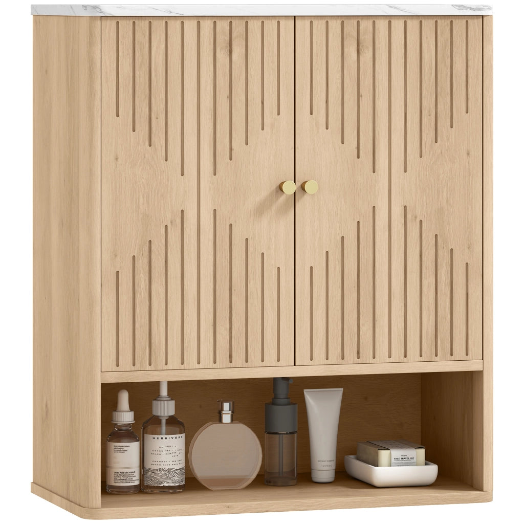 Armadietto Bagno a Parete con Ripiano Aperto e Ante Decorate. Piano Effetto Marmo. 60x18x70 cm. Rovere