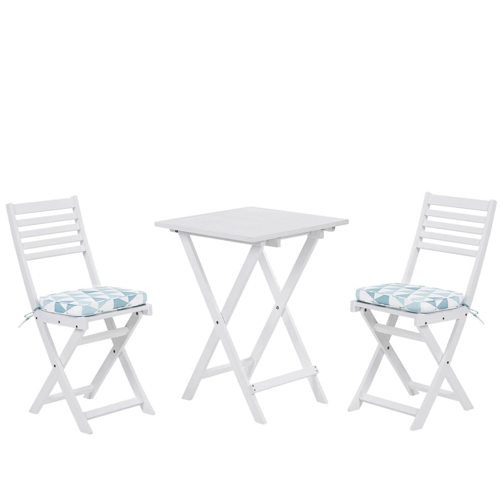 Set da bistrot 3 pezzi in legno massello di acacia bianco cuscini blu a doghe pieghevoli design scandinavo moderno