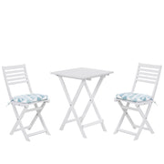 Set da bistrot 3 pezzi in legno massello di acacia bianco cuscini blu a doghe pieghevoli design scandinavo moderno