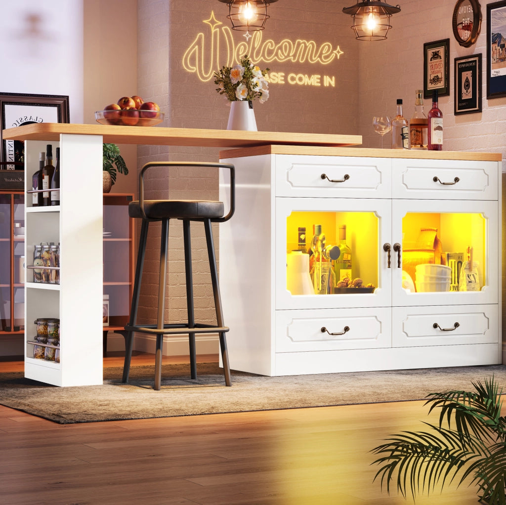 Tavolo bar 135-203x39x92.8 cm allungabile con rotazione a 360° e LED in MDF bianco e naturale