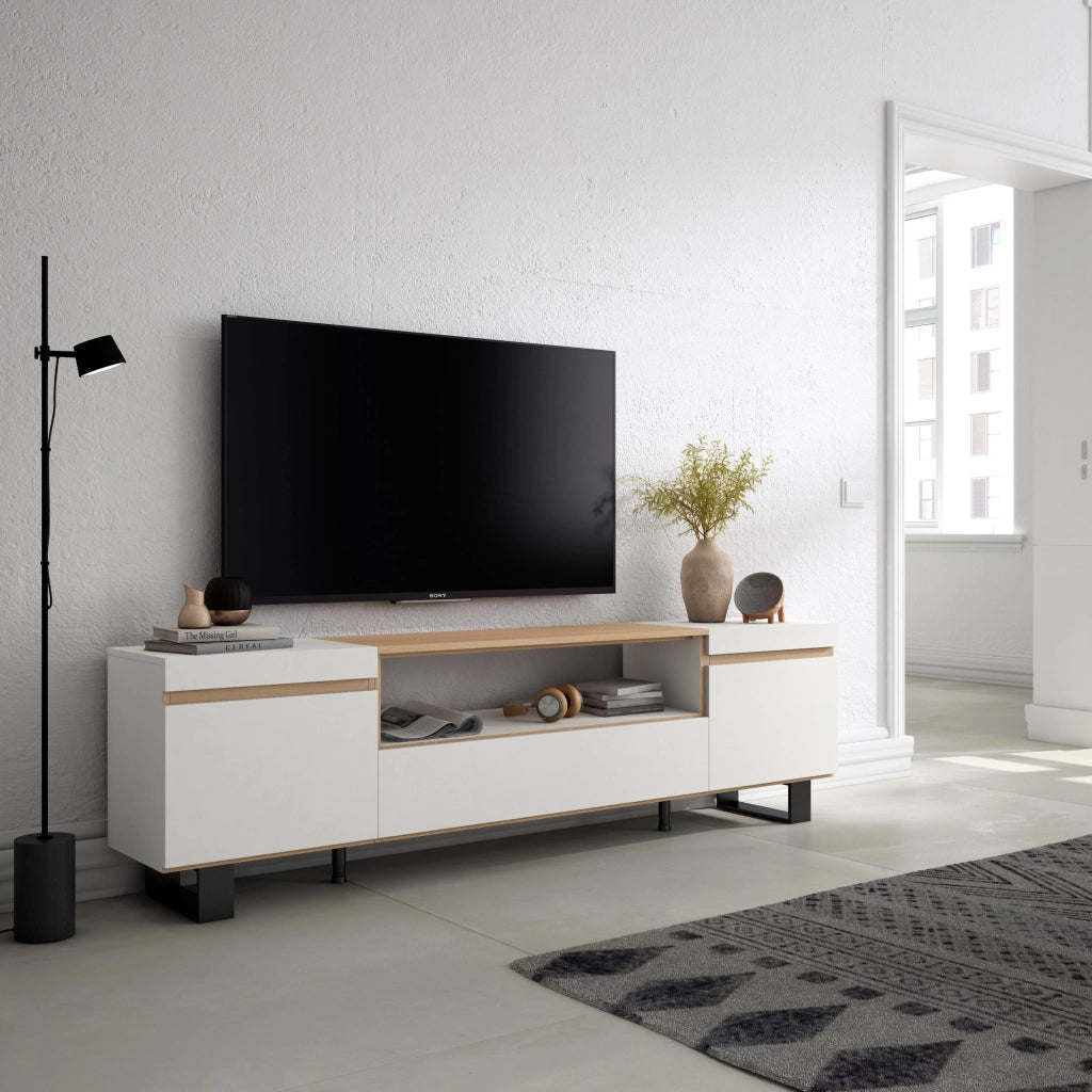 Mobile TV Soggiorno, 200x57x35cm, Per TV fino a 80", Design industriale, Bianco e Rovere soft