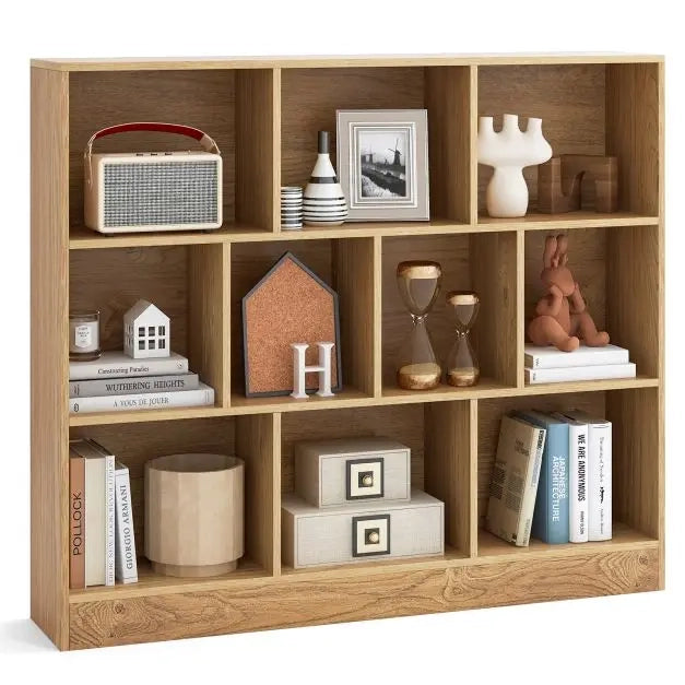 Libreria a 10 Cubi 120 CM in Legno Naturale Scaffale Autoportante a 3 Livelli con 2 Kit Antiribaltamento per Casa e Ufficio
