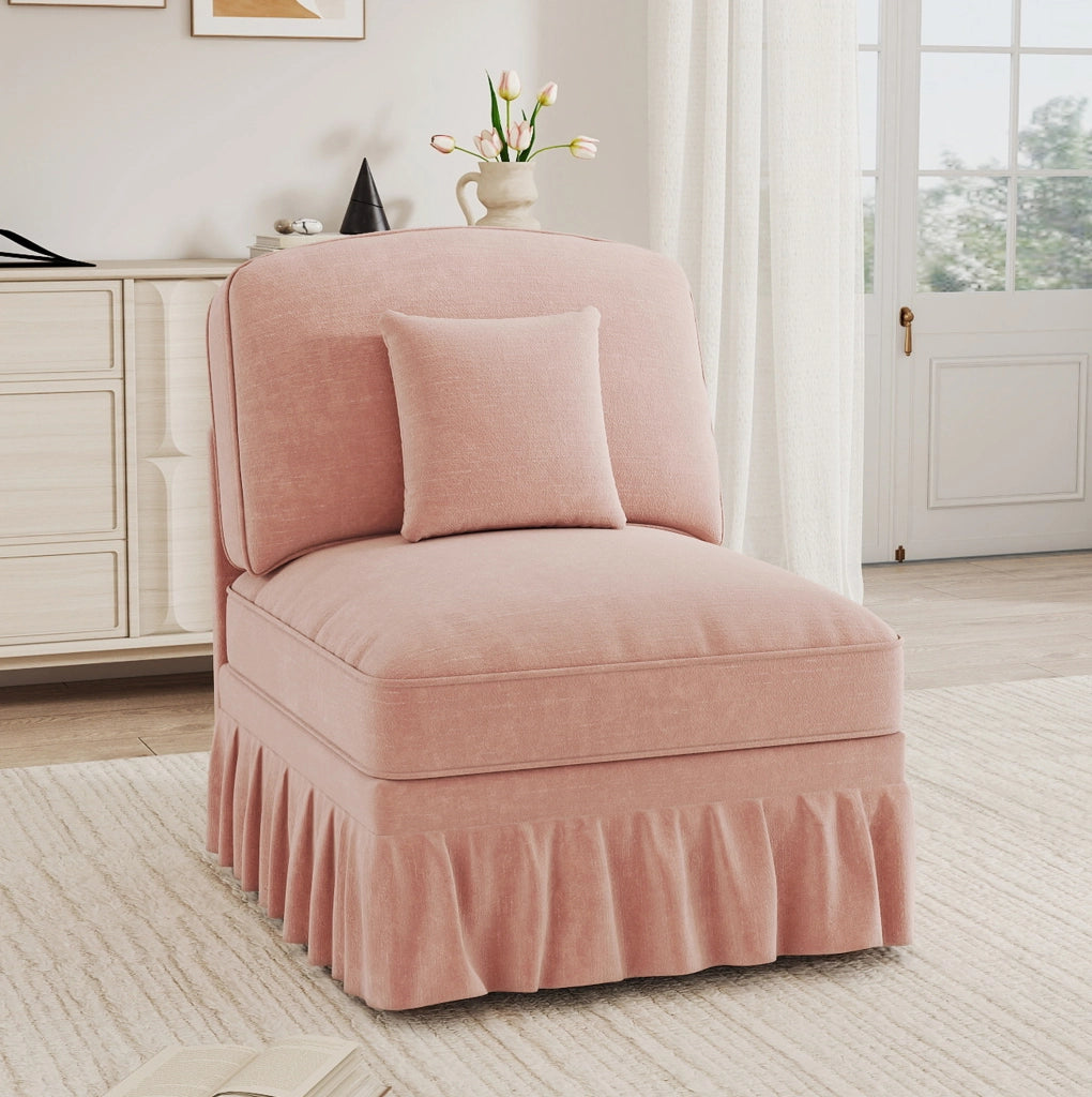 Divano senza braccioli in ciniglia rosa con pouf e cuscino HOMVRA