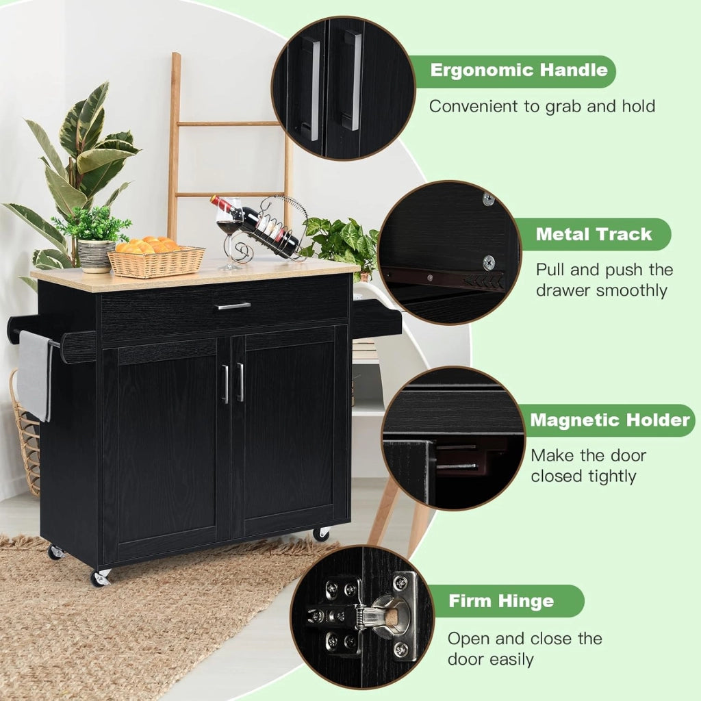 Carrello da Cucina Ausiliario, Carrello di Servizio con Cassetto e Ripiano Regolabile, Isola da Cucina da Sala da Pranzo con Ruote Universali con Freni, in Legno, 116 x 40 x 85 cm, Nero
