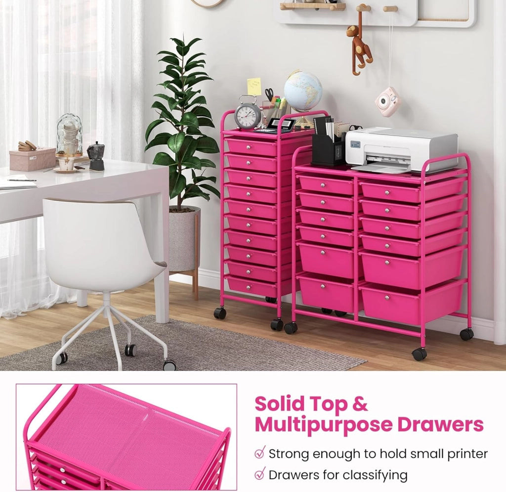 Carrello con 12 cassetti, impilabile, carrello per cassetti, carrello da cucina, con ruote bloccabili, carrello per cucina, bagno, ufficio, 64 x 38 x 75 cm (rosa)