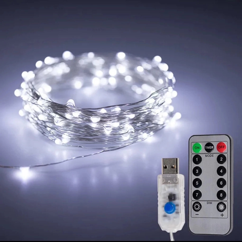 Catena di 100 microled filo ramato modellabile attacco usb 10 mt luce bianco freddo natalizie