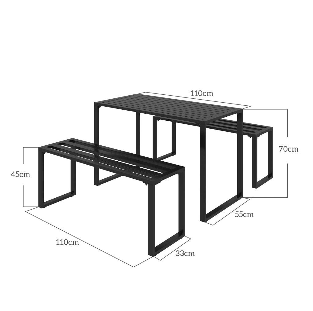 Set da esterno con tavolo e 2 panche in metallo nero 110 x 55 x 70 cm