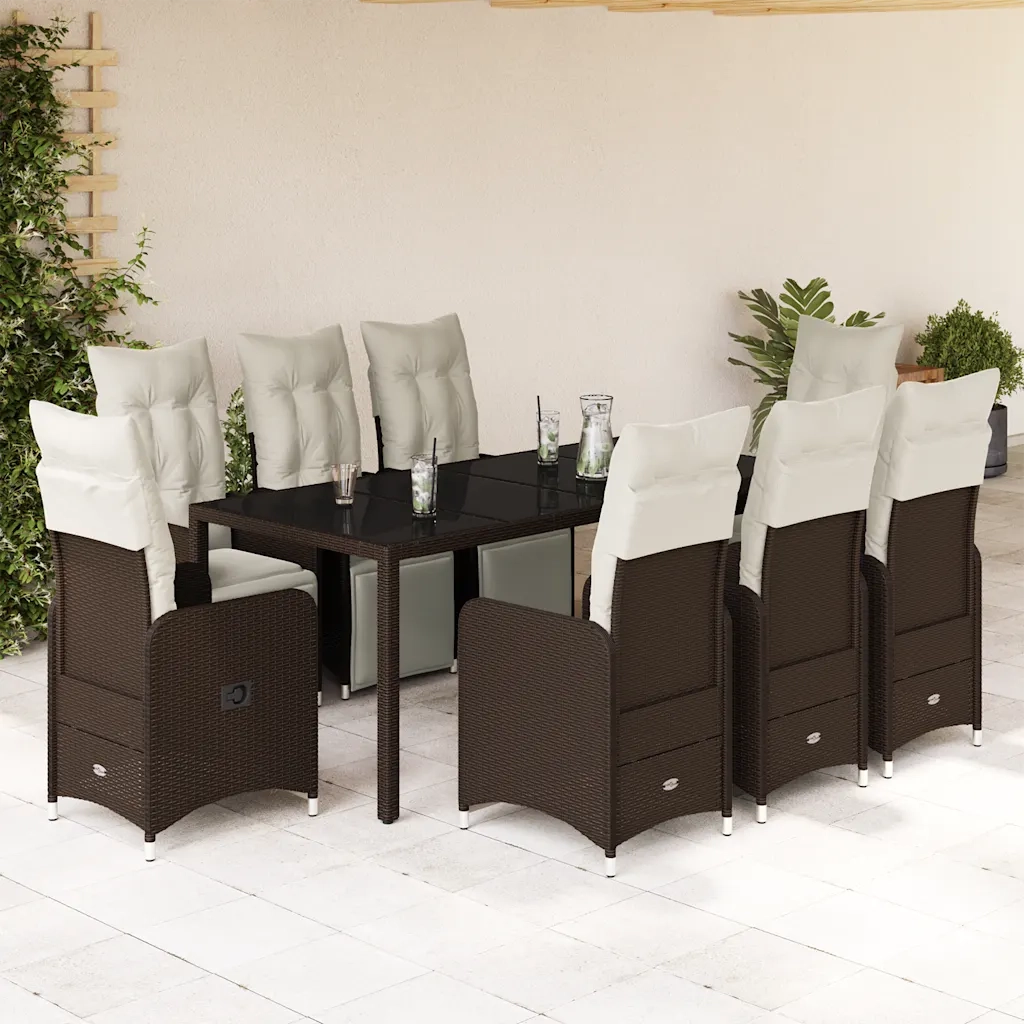 Set BistrÃ² da Giardino 9 pz con Cuscini in Polyrattan Marrone