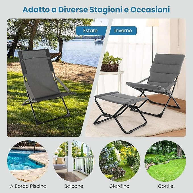 Sedia da Giardino con Poggiapiedi, Sedia a Sdraio Pieghevole, con Cuscino Rimovile, Sedia Reclinabile da Spiaggia, Sedia Portatile da Esterno, Portata 110 kg