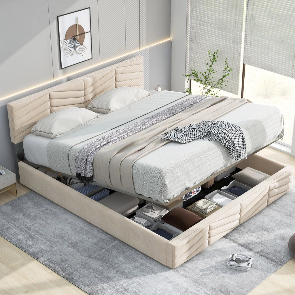 OKWISH Letto Imbottito 140×200 cm, Letto Matrimoniale con Testiera Regolabile e Doghe in Legno, senza Materasso, Velluto, Beige