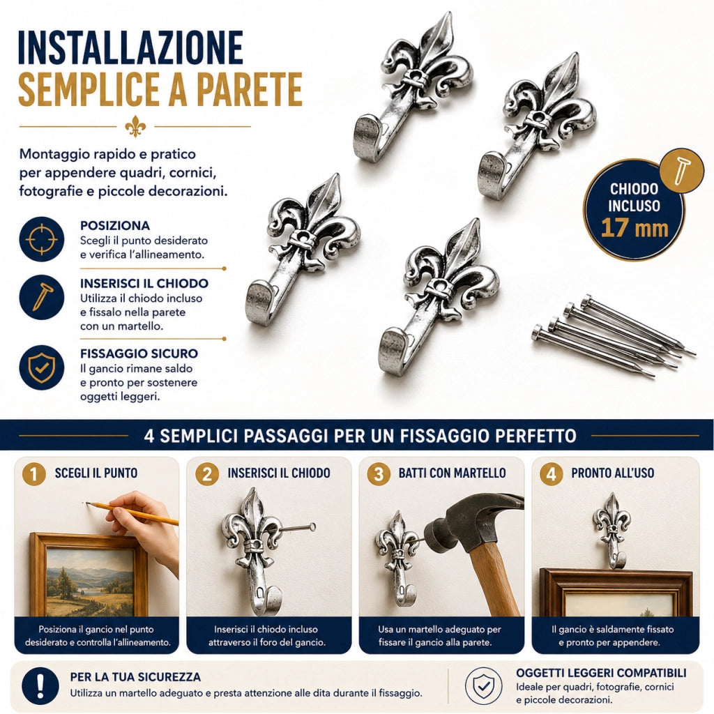 15 Ganci Argentati per Quadri 4,5 cm con Chiodi 17 mm Giglio 66883