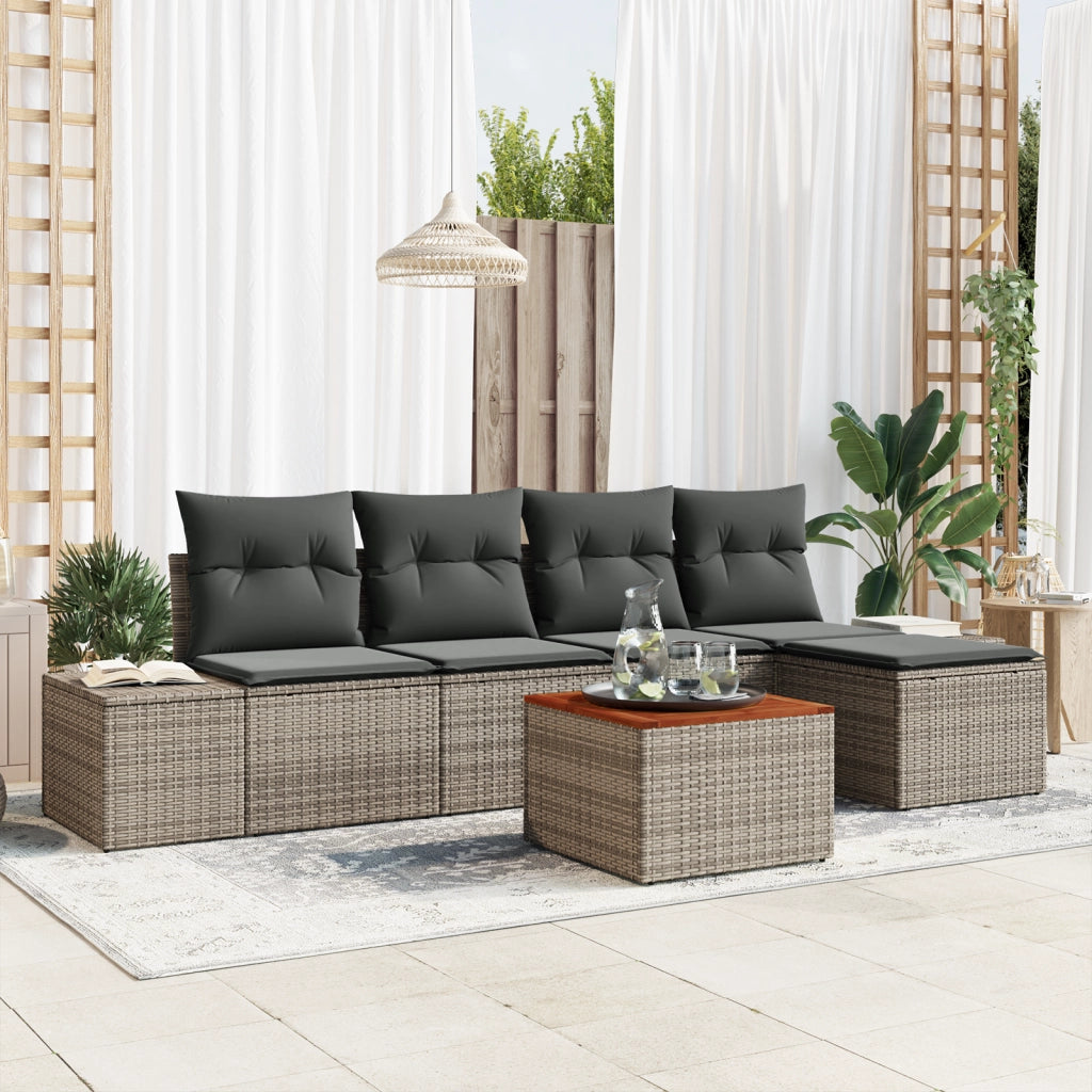 Set di Divano da Giardino con Cuscini Grigio Poly Rattan Acacia 6 Pezzi