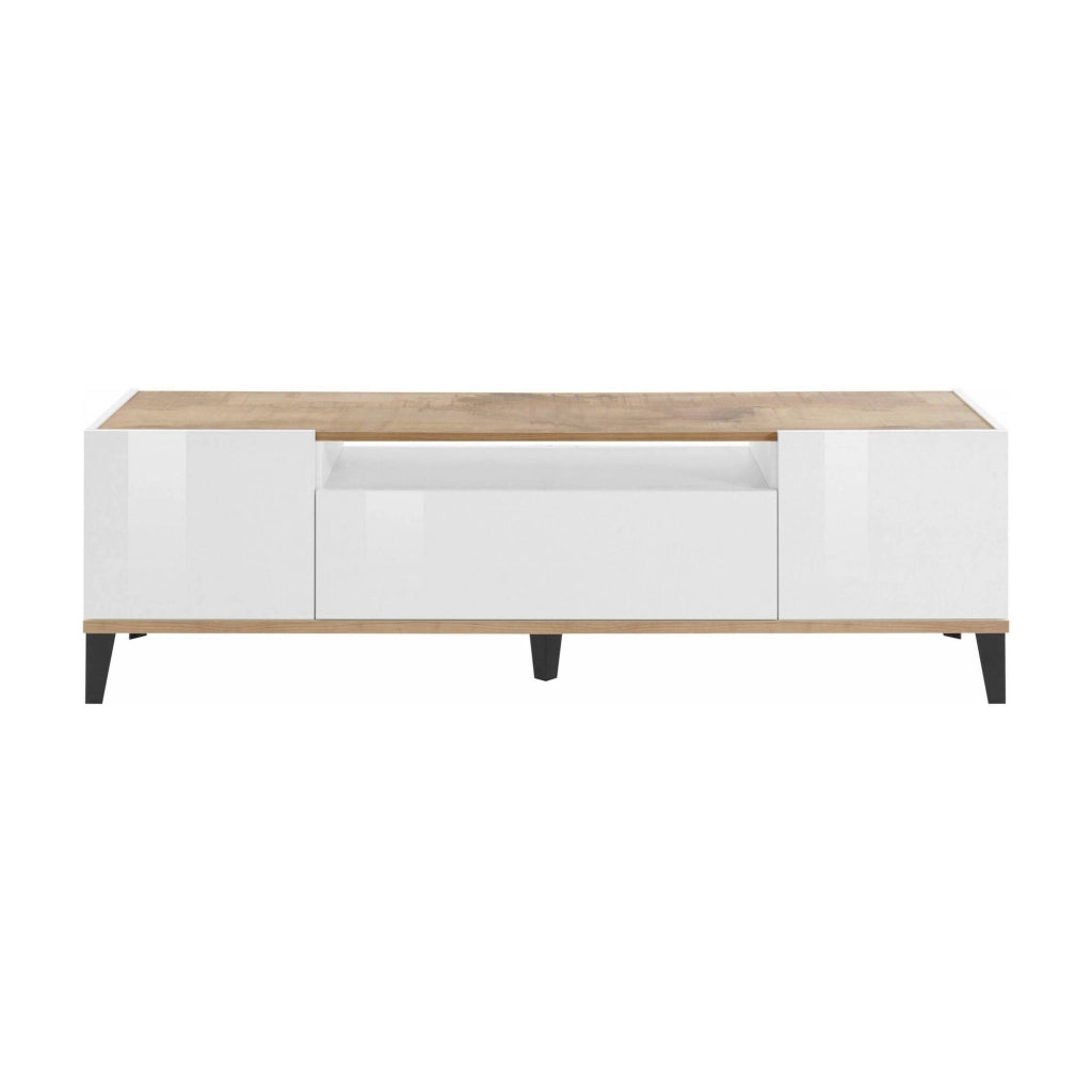 Mobile da soggiorno Porta Argentoro, Made in Italy, Supporto per Argentoro da salotto a 2 ante e 1 cassetto, Cm 160x40h47, Bianco lucido e Acero
