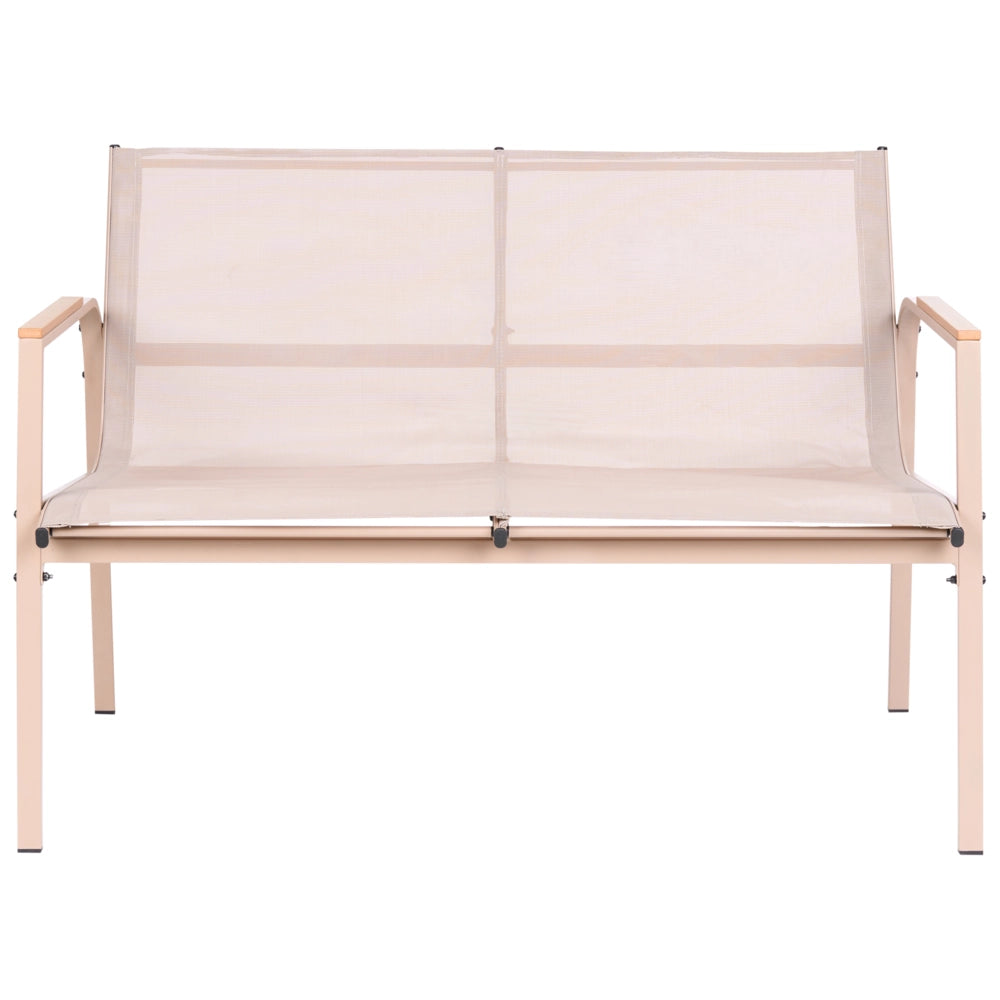 Set da giardino beige in acciaio verniciato a polvere, 4 posti con poltrone e tavolino in vetro, set da conversazione da esterno dal design moderno