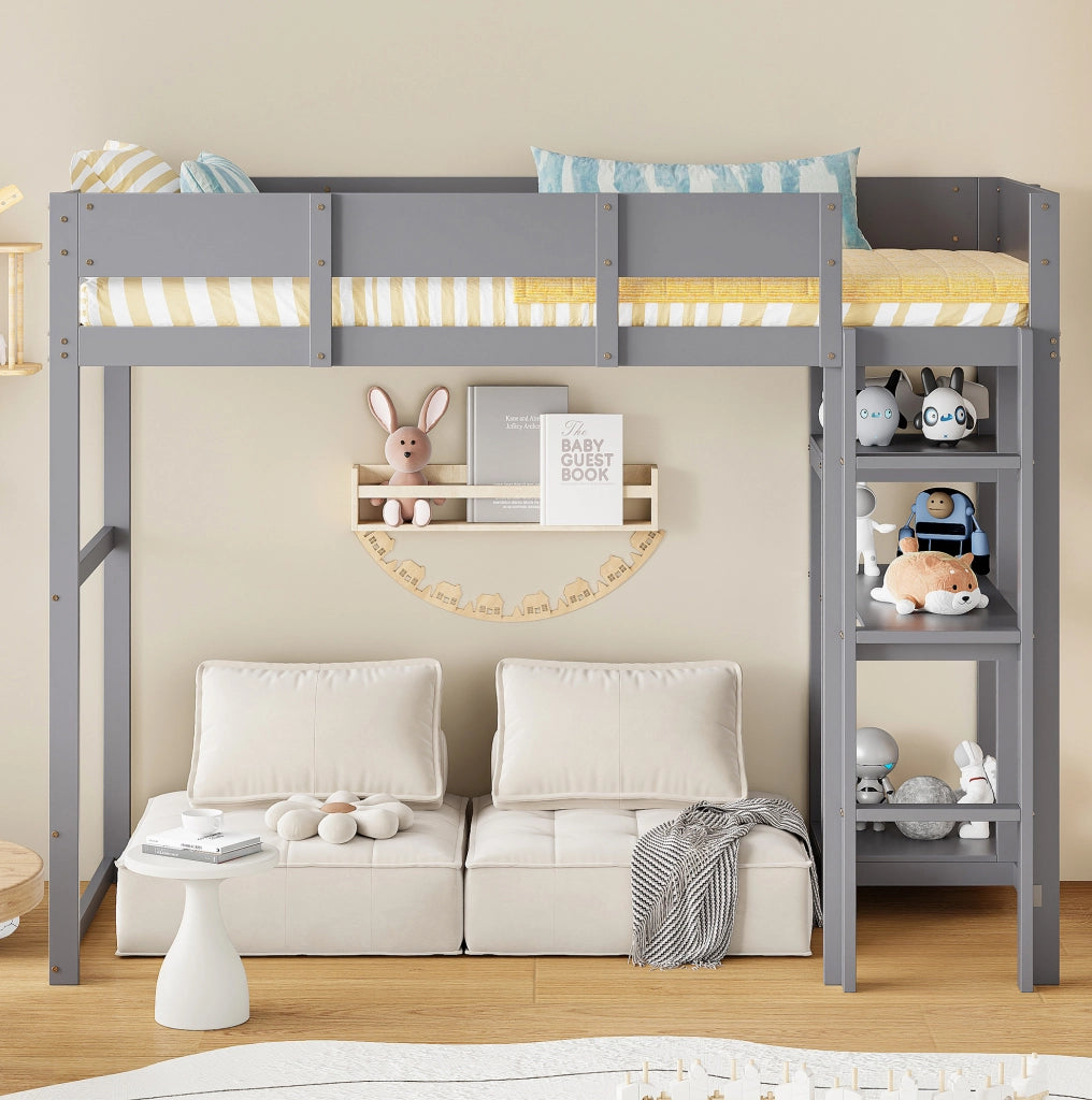 Letto a soppalco grigio 90x200 cm in pino massello con ripiano e rete