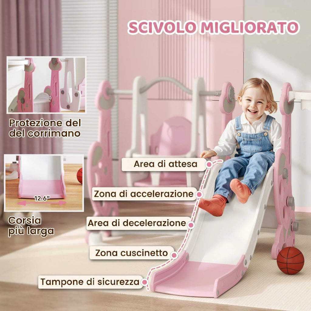 Scivolo per Bambini 4 in 1 con Altalena Scaletta da Arrampicata e Cestino da Basket in PP e PE Rosa