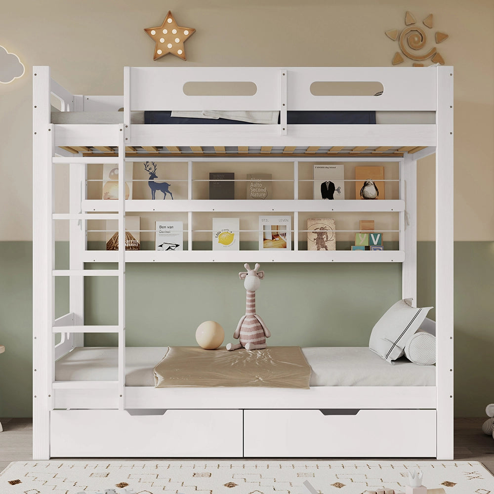 Letto a castello bambino 90x200cm - Xylo - bianco, 5 ripiani, 2 cassetti, sicuro