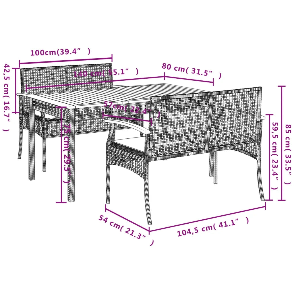 Set da Pranzo da Giardino 3 pz con Cuscini in Polyrattan Grigio 3213575