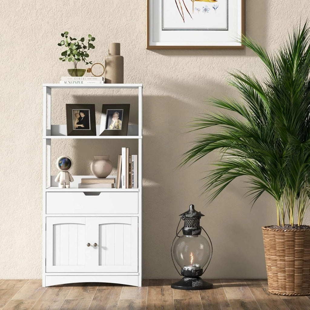 Armadietto Multiuso Bianco, Armadio Alto per Bagno con Cassetto e 2 Ripiani Aperti, Mobile Porta Microonde per Cucina, Design Compatto