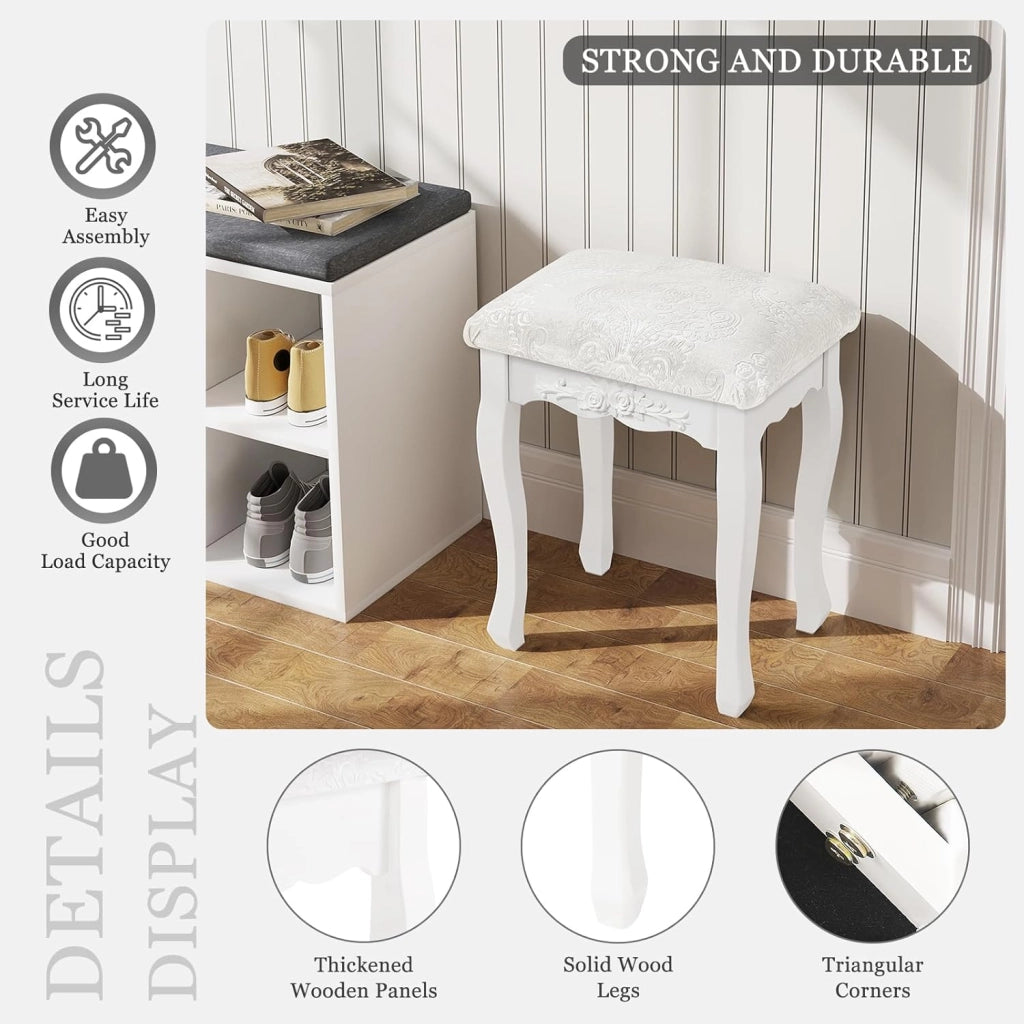 Sgabello per Tavolo da Trucco, Toeletta Sedia Imbottita per Camera con Motivo Floreale, Design Barocco, Legno di MDF + Rovere, Bianco+Beige 37x30x50cm, MB6015cm